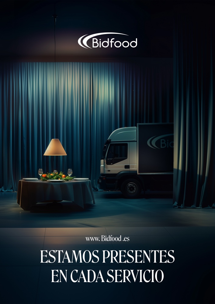 A Bidfood campaign visual — 'Estamos presentes en cada servicio' — a truck set against an elegant restaurant scene