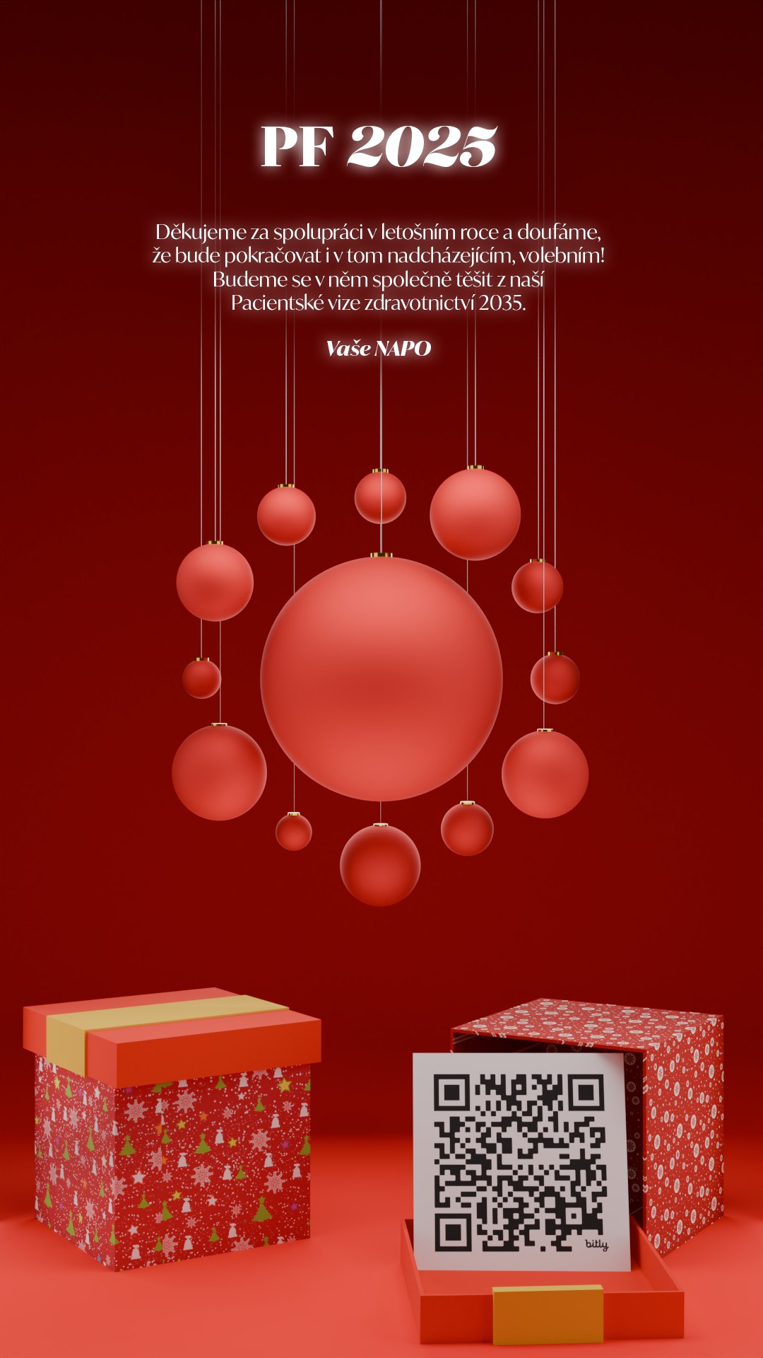 NAPO's 2025 New Year card — 'PF 2025' above a circular cluster of red ornaments echoing the logo mark, with wrapped gift boxes and a QR code below