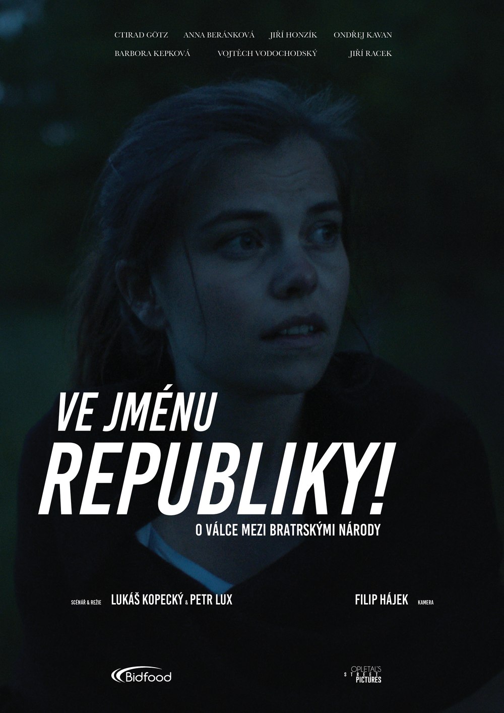 The official film poster for 'Ve jménu republiky!' — a woman looking off-frame at dusk, with the title, tagline, and full cast and crew credits