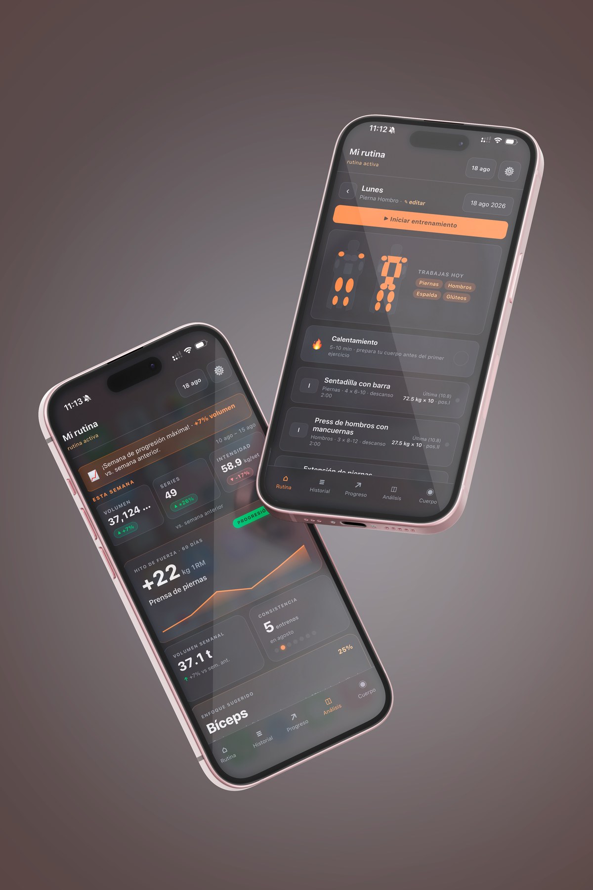 Two tilted iPhones showing the Rutina app — a workout dashboard with weekly volume and a strength-milestone chart, and today's routine with exercise cards