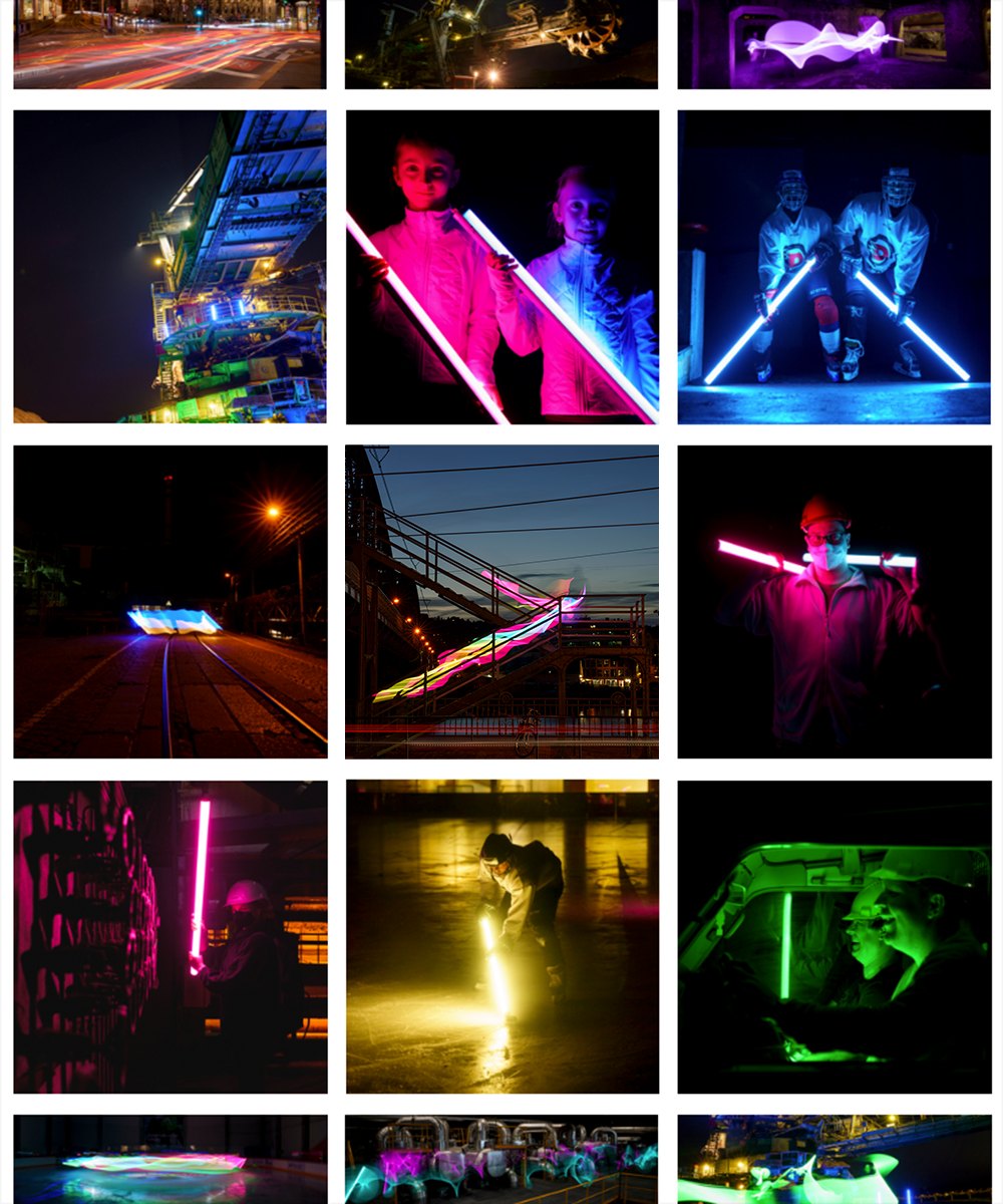 Contact sheet of a long-exposure light-painting photo series — plant workers, hockey players and machinery lit with glowing coloured tubes at night