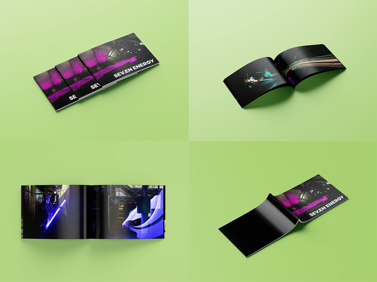 A grid of 'SEV.EN ENERGY' brochure mockups, shown closed, stacked and open to spreads of the light-painting photography
