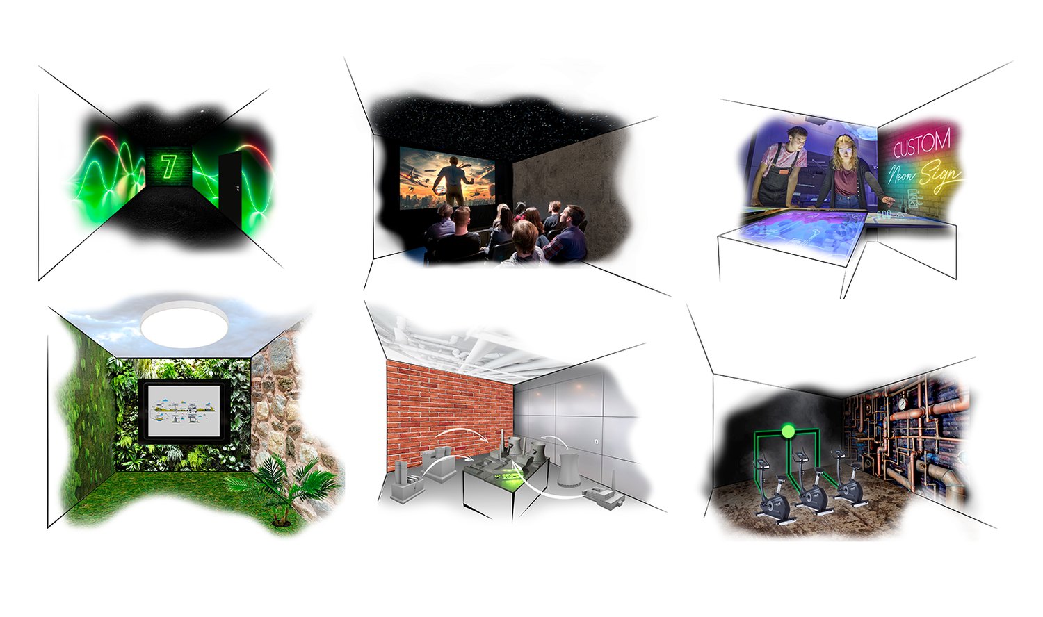 A grid of visitor-center exhibition concepts — a glowing '7' entrance corridor, a small cinema room, a custom neon-sign workshop, a green living wall, a brick-walled energy exhibit, and an exercise-bike room lined with pipework