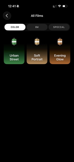 SLOSTA film library — COLOR, B&W and SPECIAL tabs with film stocks Urban Street, Soft Portrait and Evening Glow