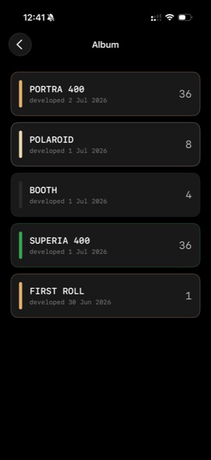SLOSTA album screen — a list of developed rolls (Portra 400, Polaroid, Booth, Superia 400, First Roll) each with its frame count and develop date