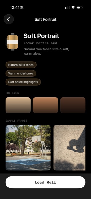 SLOSTA film-stock detail — 'Soft Portrait / Kodak Portra 400 · natural skin tones with a soft, warm glow', with look swatches and sample frames