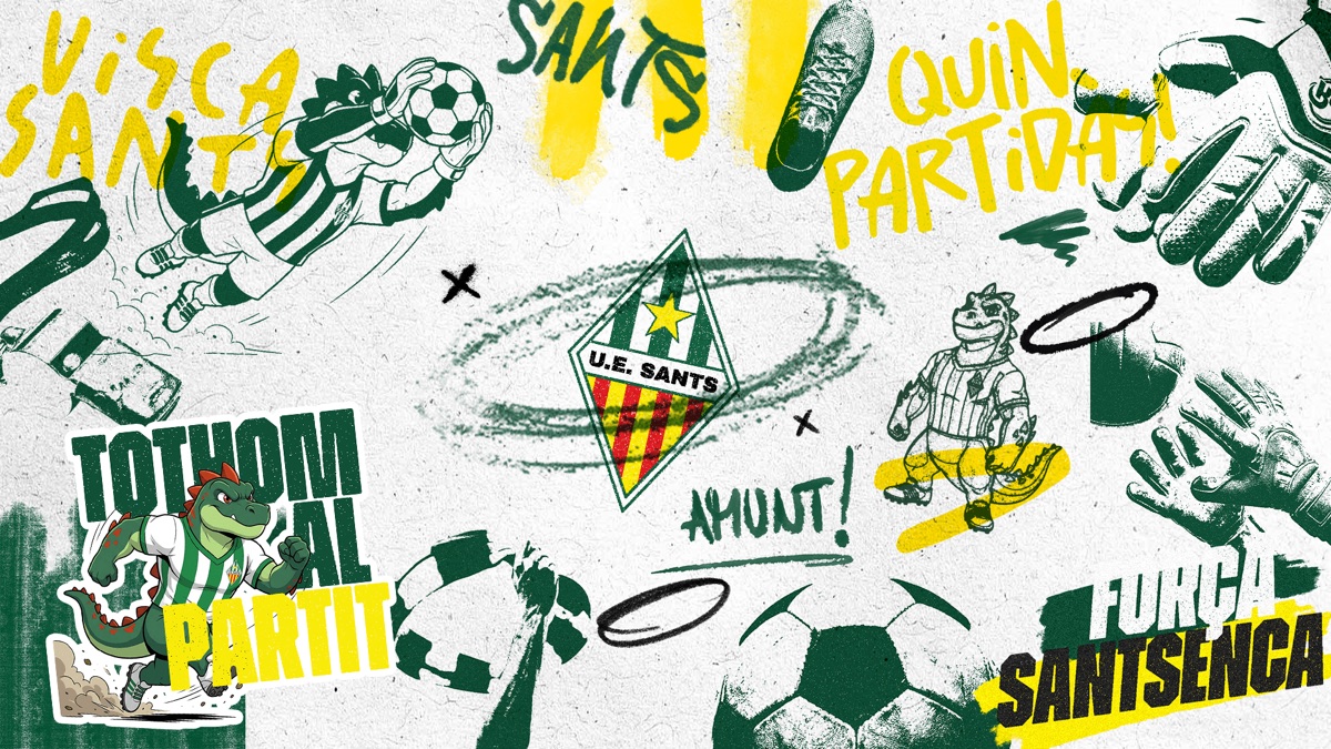 U.E. Sants brand collage — halftone players and the dragon mascot with green-and-yellow graffiti slogans