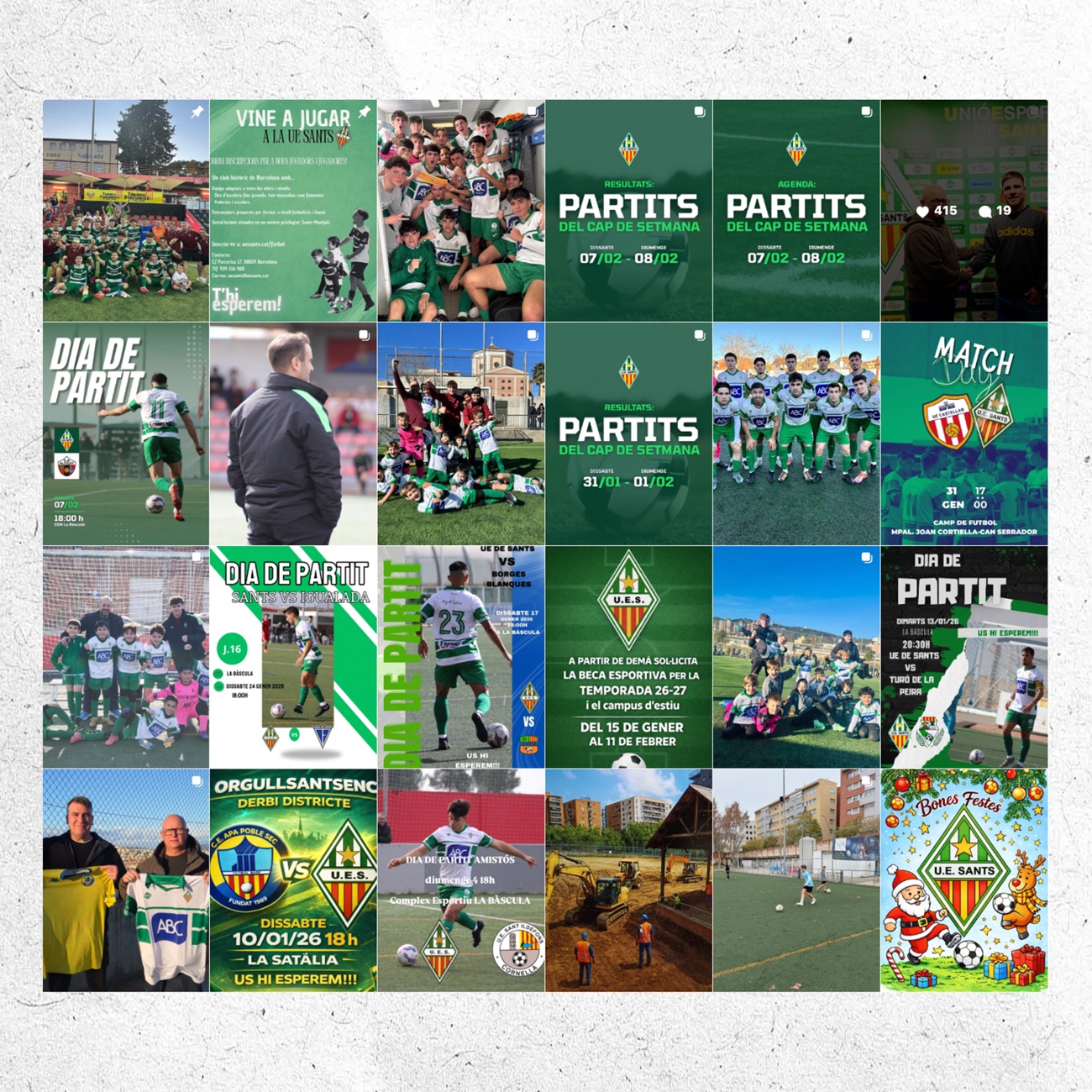 A grid of U.E. Sants' Instagram posts — match-day graphics, team photos and announcements in the club's green identity