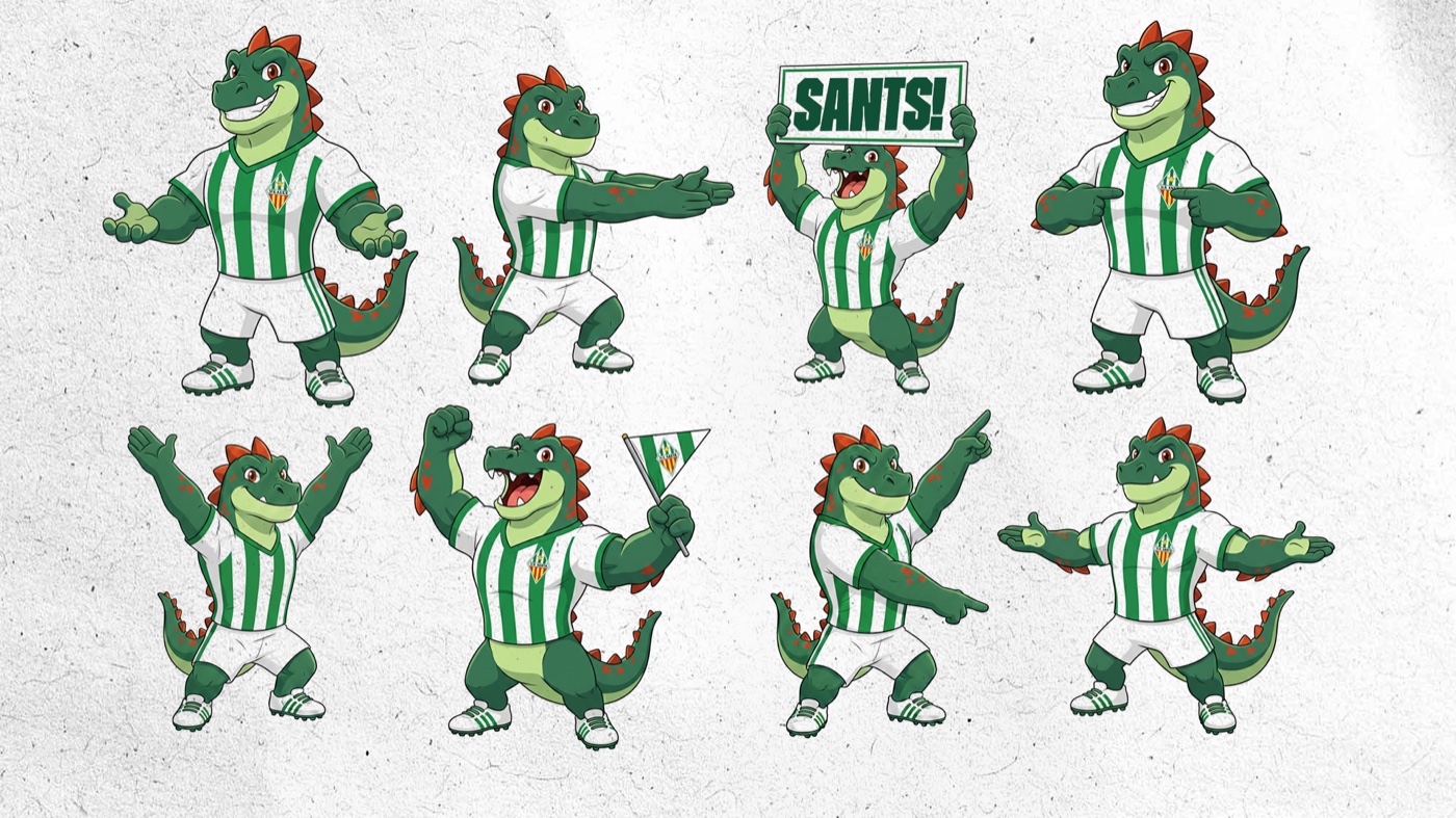 Sansenc the dragon mascot in the U.E. Sants green-and-white kit, shown in eight poses — cheering, pointing, waving a pennant and holding a 'SANTS!' sign