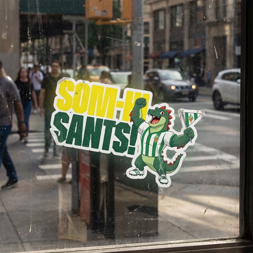 A 'Som-hi Sants!' Sansenc dragon sticker on a Barcelona street pole