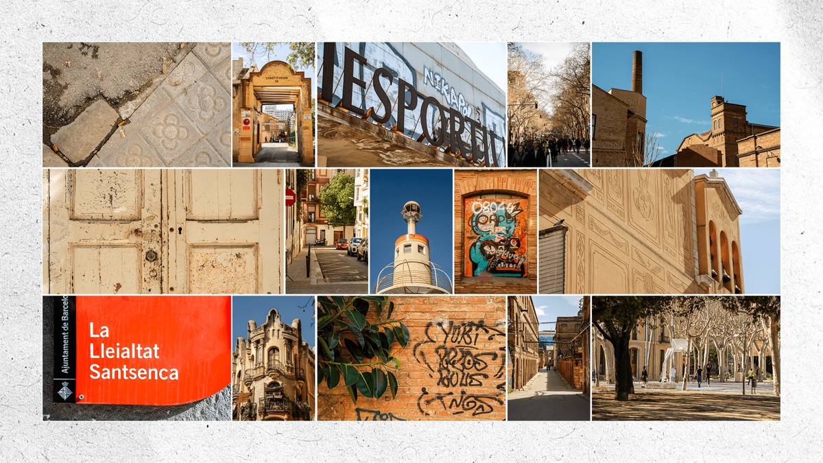 Mood board of the Sants neighbourhood — peeling posters, brick walls, graffiti and worn street textures