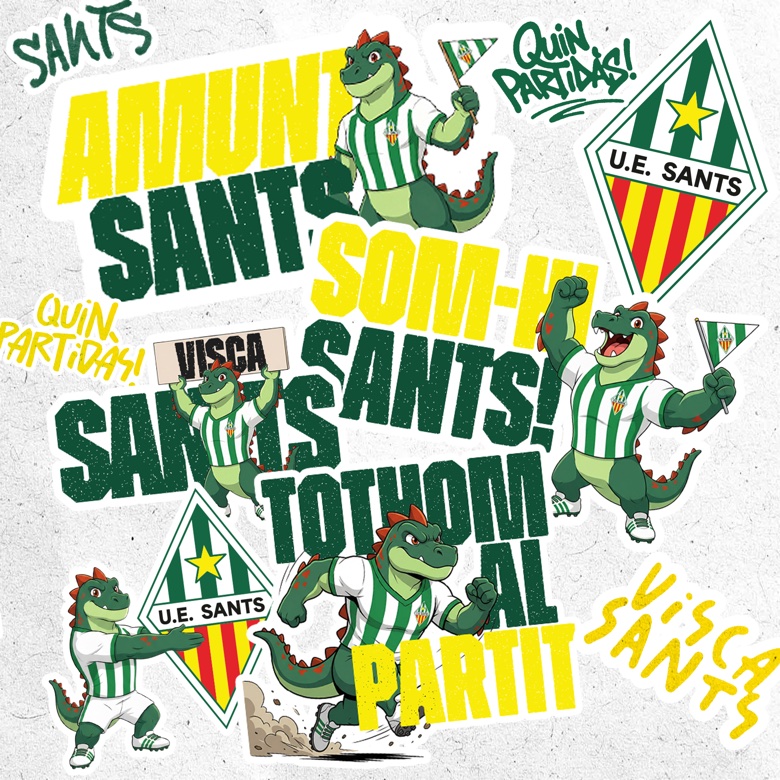 U.E. Sants design board — 'Som-hi Sants! Gol!!! Força Santsenca' slogans