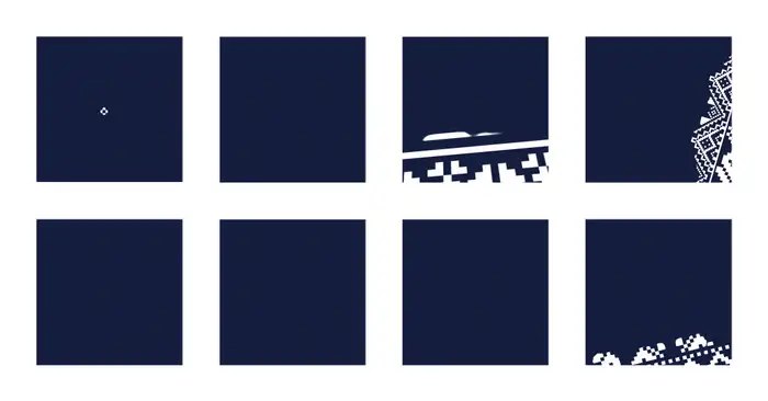 An animation of navy embroidery-pattern tiles filling in one by one across a grid