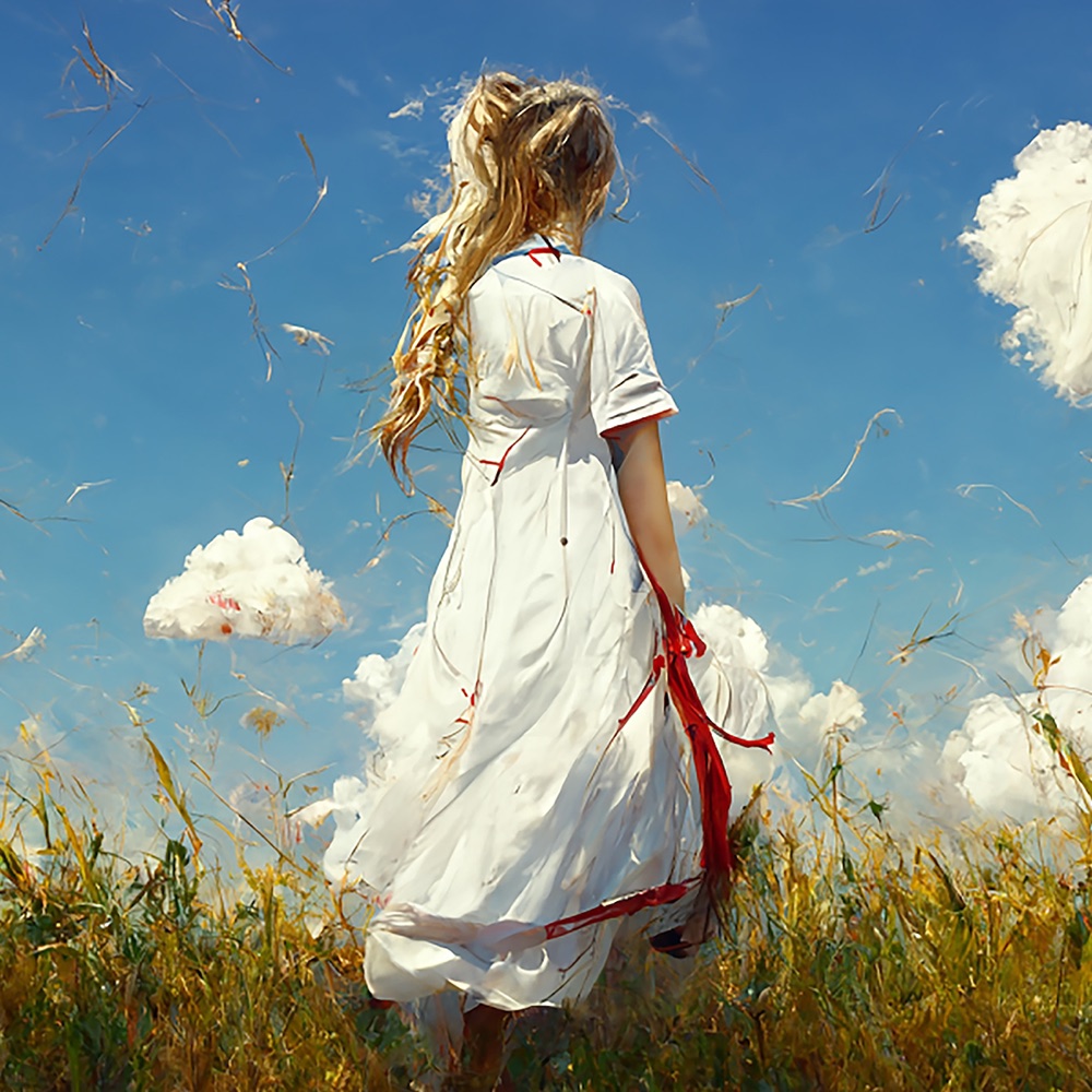 Concept art of Polyanna — a young woman in a white dress with a long red ribbon, walking through a golden field under a blue sky