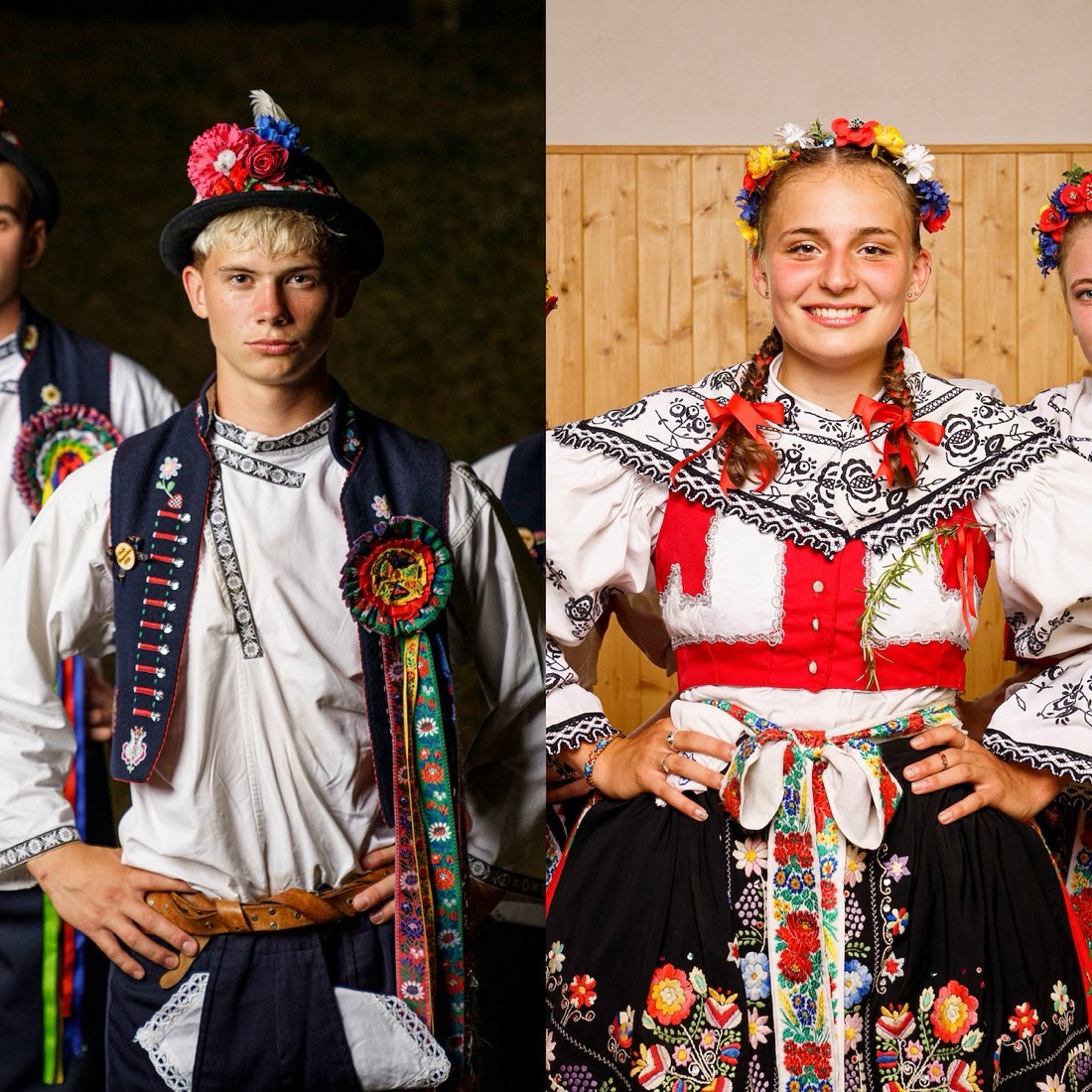 Two studio portraits — a young man and a young woman in richly embroidered Slavic folk dress with flower crowns and ribbons