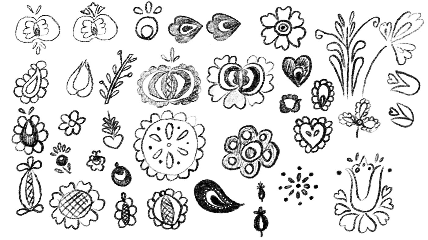 A sketch sheet of Slavic floral and heart ornament motifs