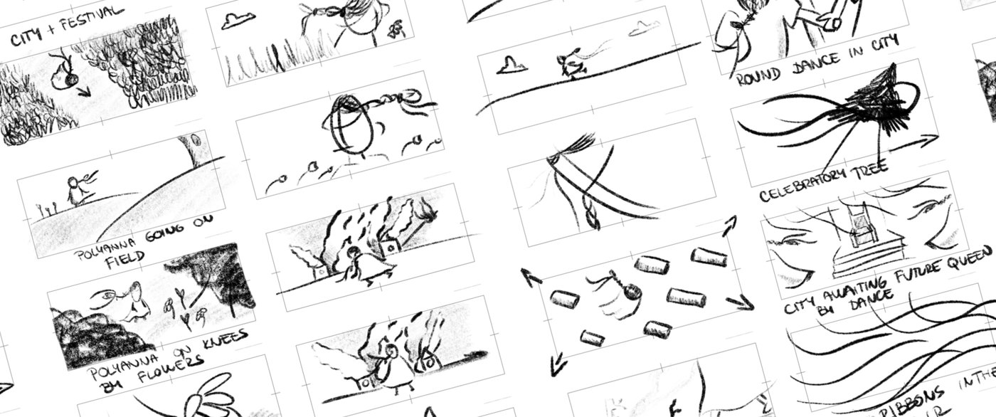 Storyboard sketches for the Polyanna animated trailer, labelled scenes like 'Round dance in city' and 'Celebratory tree'