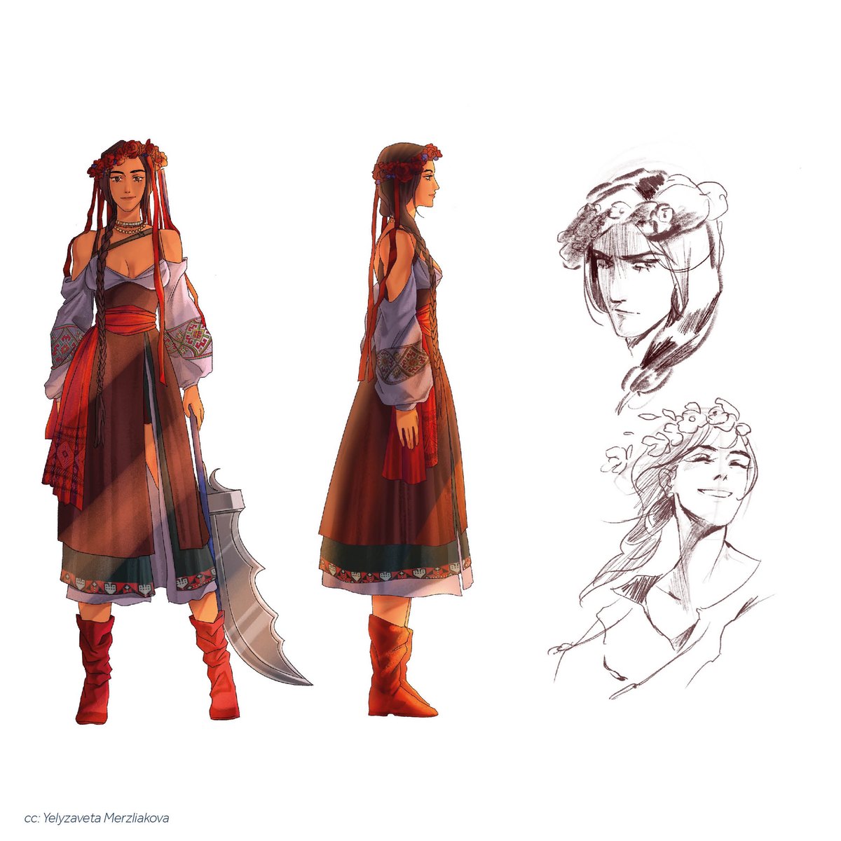 Concept character sheet for Polyanna in traditional dress with a curved sword, alongside pencil face studies