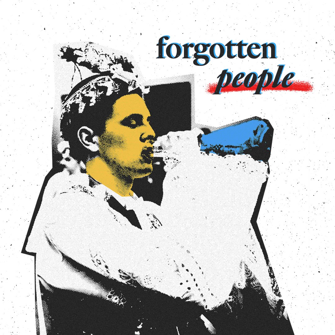 A halftone poster reading 'forgotten people' over a portrait in traditional dress