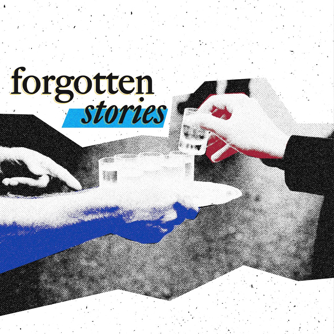 A halftone poster reading 'forgotten stories' over two hands exchanging an object at a table